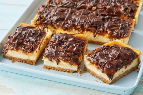 Turtle Cheesecake Bars Recipe - Gemma’s Bigger Bolder Baking Easy Turtle Cheesecake, Cheesecake Recipes Turtle, Turtle Cheesecake Bars, Gemma’s Bigger Bolder Baking, Carmel Turtle Brownie Cheesecake, Nutella Cheesecake Recipes, Egg Substitute In Baking, Delicious Cheesecake Recipes, Turtle Cheesecake