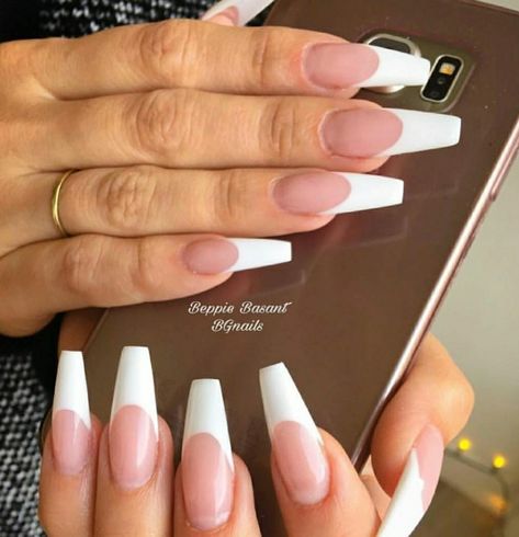 Long Coffin White French Tip Nails, Square French Tip Acrylic Nails Coffin, French Tip Gel X Nails Long, French Tip Nails Different Shapes, French Tips Coffin Long, Long Acrylic Nails Ballerina Shape, French Manicure Long Nails Coffin, Long White Tip Nails, White Tip Coffin Acrylic Nails