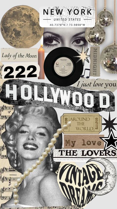 Disco Collage Art, Hollywood Moodboard, Hollywood Collage, Aesthetic Art Collage, Shuffle Aesthetic, Preppy Backgrounds, Pop Art Marilyn, 1950s Aesthetic, Disco Aesthetic