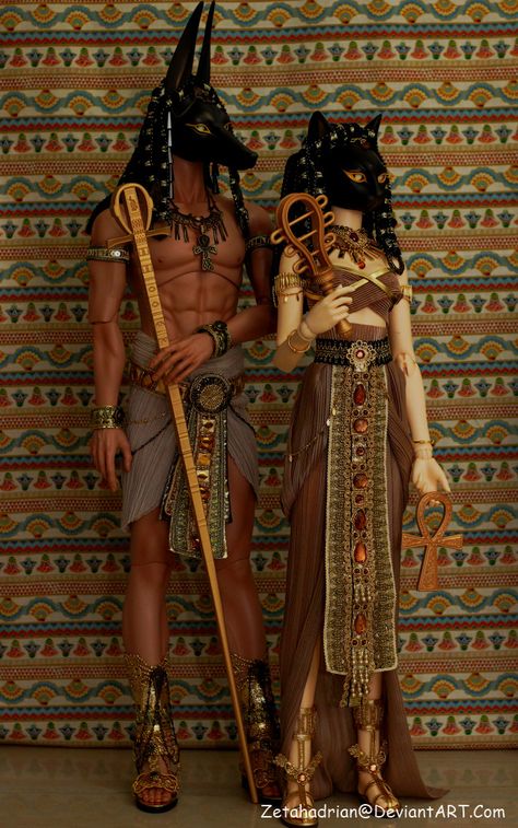 "Egyptian Gods by Zetahadrian.deviantart.com on @deviantART" I love the details and texture on these dolls' costumes Bastet Costume, Egyptian Halloween, Egyptian Party, Egyptian Makeup, Egyptian Fashion, Egyptian Mummies, Doll Halloween, Halloween Mummy, Porcelain Doll