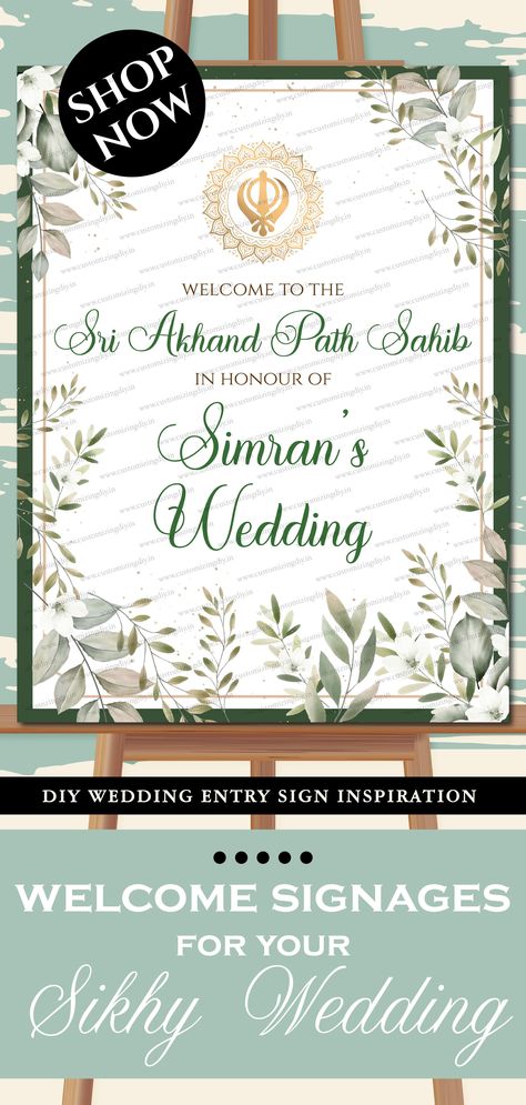 This DIY Akhand Path Sahib Welcome sign or Akhand Paath Welcome sign, a fusion Akhand Paath Welcome sign in traditional elegance, is complemented with florals & leaves, perfect for your Akhand Path Welcome sign.This Sri Akhand Path sign template download is one, that you can easily play around with to match your Sikh Welcome signs & theme. Luxury Indian Wedding, Asian Inspired Wedding, Unique Wedding Invitation, Diy Wedding Stationery, Bespoke Invitations, Welcome Signs, Classy Wedding, Marriage Ceremony, Unique Wedding Invitations