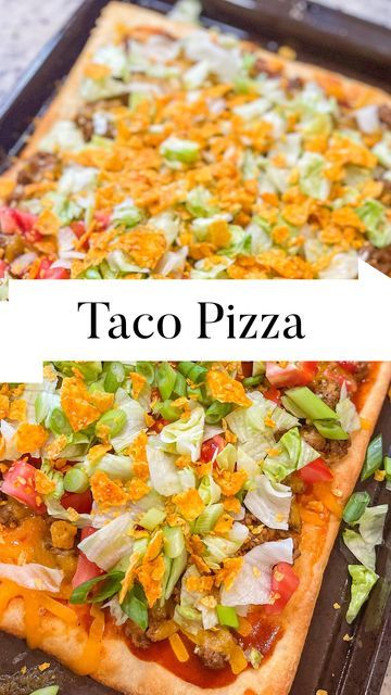 Steph Gigliotti | Real Life Recipes on Instagram: "Taco pizza A fun spin on taco Tuesday, all your favorite taco fillings on a pizza with crunchy Doritos on top. Unexpected and so fun for the family!  Cook a pound of ground beef and season it with taco seasoning as normal. Cook refrigerated pizza dough on a sheet pan according to package directions (usually it’s 425° for about 13-14 minutes)  Top the cooked pizza dough with a layer of taco sauce, then the cooked taco meat and shredded cheddar c Sheet Pan Taco Pizza With Puff Pastry, Sheet Pan Taco Pizza, Spiced Nice, Steph Gigliotti, Dinner Suggestions, Refrigerated Pizza Dough, Taco Pie, Mexican Meals, Frozen Bread Dough