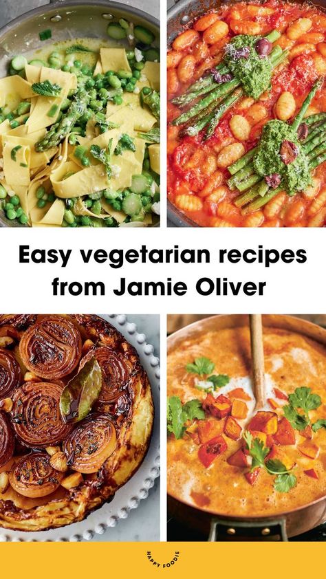 A collection of images of Jamie Oliver's vegetarian recipes, including a spring greens vegetable pasta, tomato gnocchi, onion tart and butternut soup. Jamie Oliver Vegetarian, Easy Veggie Recipes, Jamie Oliver Healthy Recipes, Jamie Oliver 30 Minute Meals, Vegetarian Dinner Party, New Vegetarian, Jamie Oliver Recipes, Easy Veggie, Vegetarian Entrees