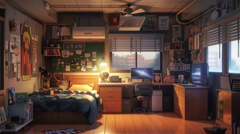 Studio Apartment Concept Art, Bedroom Environment Concept Art, Vtuber Bedroom Background, Anime Bedroom Night Background, 2d Animation Background Room, Anime Decor, Cartoon Background, Open Floor, Creative Photos