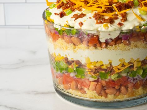 Southern Cornbread Salad – 12 Tomatoes Layered Cornbread Salad, Southern Cornbread Salad, Unique Pasta Salad, Cornbread With Corn, Cornbread Salad, Moist Cornbread, Southern Cornbread, Ranch Pasta Salad, Trifle Dish