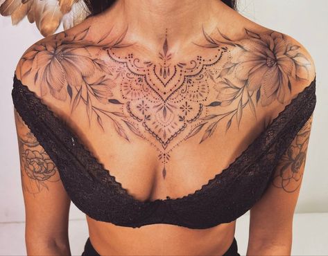 Floral Chest Tattoo, Chest Tattoo Designs Female, Chest Neck Tattoo, Feminine Shoulder Tattoos, Woman With Tattoos, Tattoos To Cover Scars, Boho Tattoos, Neck Tattoos Women, Mandala Floral