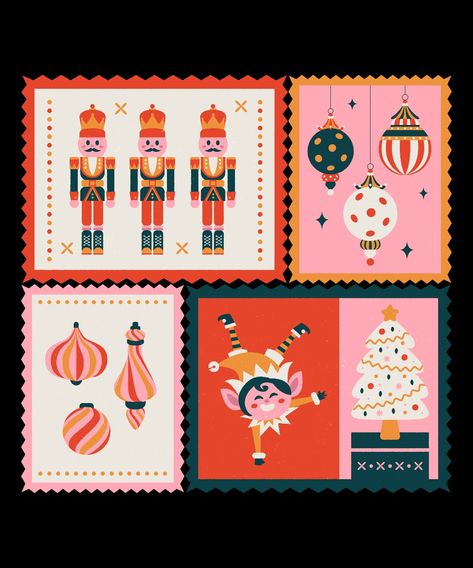 Christmas stamps 2 The Nutcracker Illustration Christmas, Nutcracker Graphic Design, Christmas Graphic Illustration, Christmas Surface Pattern, Graphic Design Christmas Card, Christmas Aesthetic Design, Christmas Package Design, Xmas Illustration Design, Holiday Design Graphic