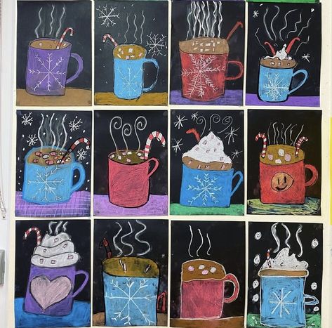 Hot Chocolate Art Project For Kids, Hot Chocolate Art, Pencil For Drawing, Winter Crafts Preschool, Holiday Art Projects, Winter Art Lesson, Christmas Art Projects, 2nd Grade Art, Winter Art Projects