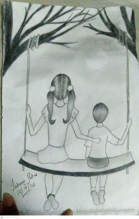 Hi guys! I drew this pencil sketch of two siblings - a sister and a brother sitting together on a swing.  The materials used are - pencils (HB , 2b , 4b and 6b) , blending tool , eraser and a scale. Brother Sister Hoop Art, How To Draw Brother And Sister, Brother Sister Drawing Sketch Easy, Sister And Brother Drawing, Brother Sister Drawing Sketch, Brother Sister Drawing, Brother And Sister Drawing Easy, Brother And Sister Drawing, Siblings Drawing