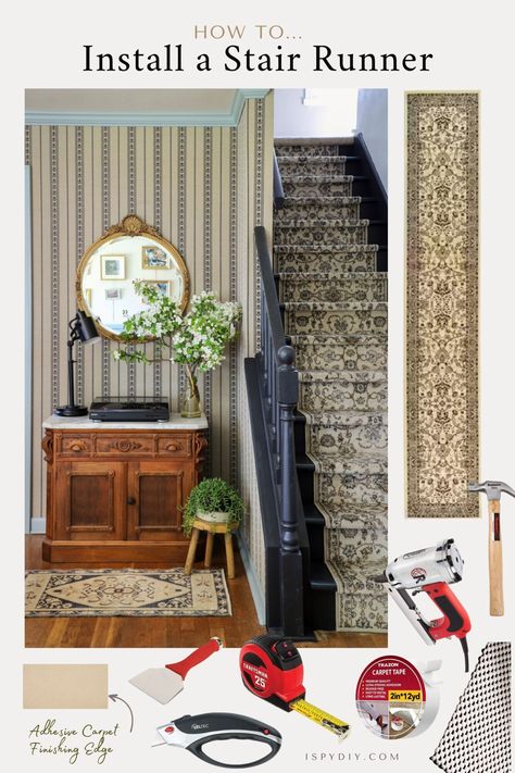 Installing Stair Runner DIY | As Seen on Makeover by Monday Install Stair Runner, Stair Runner Diy, Focal Point Living Room, Diy Stair Runner, Stair Runner Installation, I Spy Diy, Carpet Tape, Wood Railing, Diy Plaster