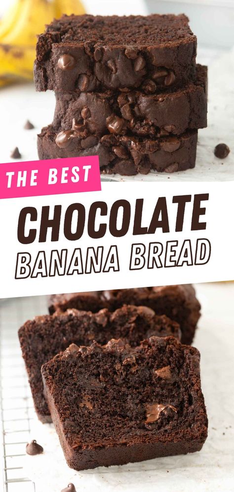 Chocolate Chip Banana Bread Recipe 2 Bananas, Best Banana Bread Recipe Moist Chocolate Chips, Banana Bread With Cocoa Powder, Chocolate Chip Banana Bread No Eggs, Double Chocolate Banana Bread Recipe, Design Eat Repeat, Double Chocolate Banana Bread, Sweet Deserts, Bread At Home