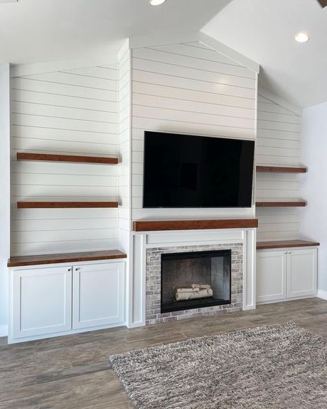 White Brick Fireplace With Wood Mantle And Tv, Electric Fireplace Brick Surround, Shiplap Fireplace With Bookshelves, Tv Cabinet With Electric Fireplace, Fireplace Mantle And Shelves, Shiplap Fireplace To Ceiling, Electric Fireplace Ideas Farmhouse, Shiplap Wall Entertainment Center, Diy Shiplap Fireplace With Built Ins