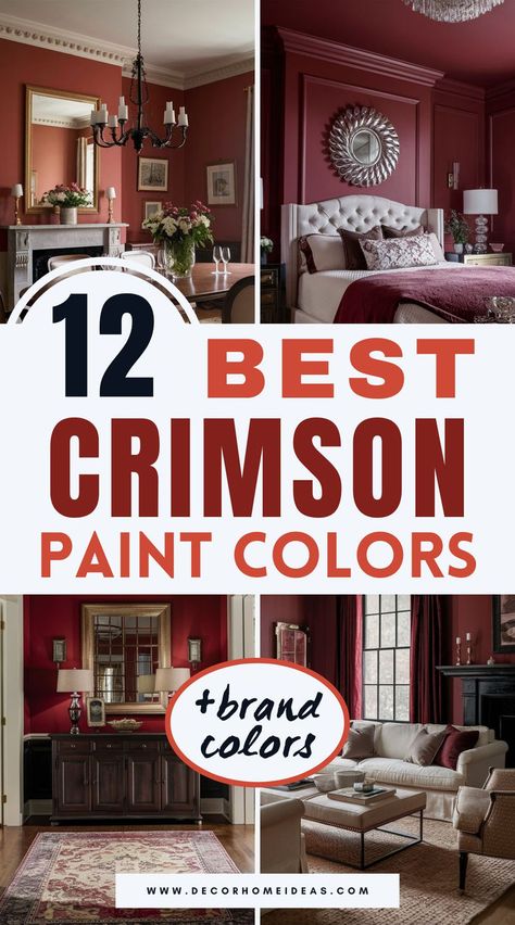 Discover the 12 best crimson paint colors to add warmth and vibrancy to your space, featuring top selections from Benjamin Moore, Sherwin-Williams, Behr, and Farrow & Ball. From deep, dramatic reds to softer, rich crimson shades, this guide helps you find the perfect hue to make any room pop. Royal Garnet Valspar, Benjamin Moore Wine Paint Colors, Sherwin Williams Borscht, Cordial Sherwin Williams, Sherwin Williams Antique Red, Crimson Red Color Palette, Rustic Red Paint, Bedroom Wall Paint Colors, Red Wall Paint