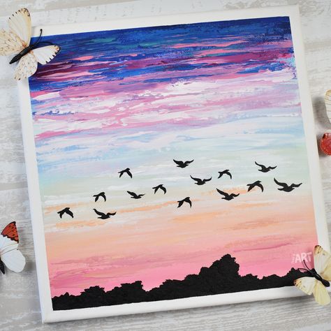 Sky With Birds Painting, Flying Birds Painting, Sketchpad Ideas, Flock Of Birds Flying, Acrylic Landscapes, Portrait Watercolour, Step By Step Acrylic Painting, Sunset Painting Acrylic, Easy Acrylic Painting