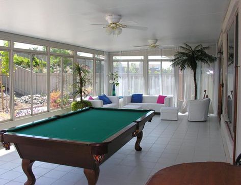 take the pool table out & put in a pool! Sunroom With Pool Table, Pool With Table Inside, Swimming Pool With Table Inside, In Swimming Pool Tables, Pool Table Rooms, Four Season Sunroom, 7’ Pool Table, Sunroom Remodel, All Season Room