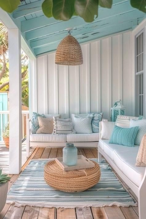 Carport Remodel, Beach Cabin Interior, Beach House Outside, Porch Cottage, Coastal Backyard, Colorful Beach House Decor, Beach Cottage Ideas, Beach Hut Decor, Hut Ideas