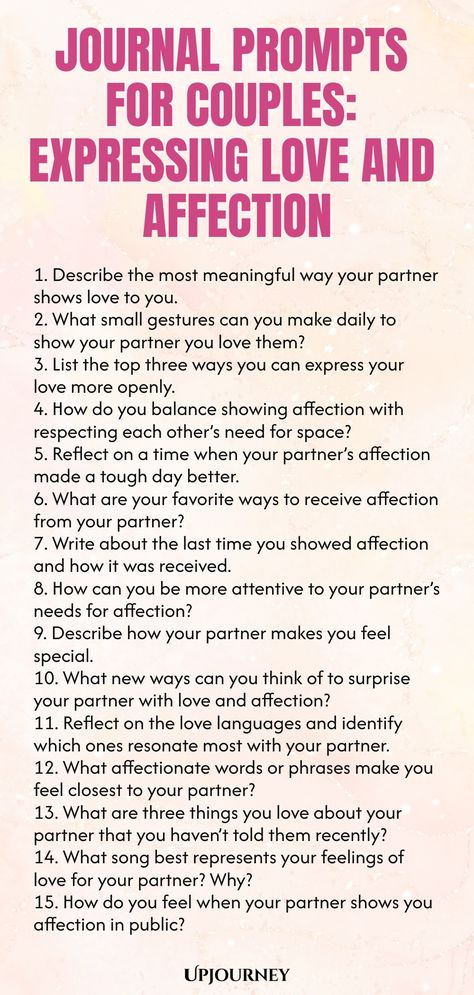 Explore these thoughtful journal prompts designed to help couples express love and affection towards each other. Strengthen your bond and deepen your connection with these meaningful prompts. Whether you're looking to ignite new sparks or simply reflect on your relationship, these prompts provide a beautiful way to communicate and grow together. Use this as an opportunity to share your heartfelt feelings, appreciation, and gratitude with your partner. Start journaling together today! Love Manifestation Journal Prompts, Prompts For Love Letters, Love Letter Topics, Marriage Journal Prompts, Future Husband Journal Prompts, Couples Journal Ideas, Journal Prompts For Couples, Relationship Journal Prompts, Couples Therapy Activities