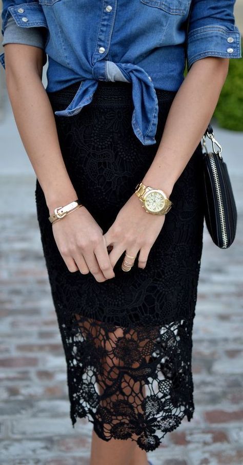 This combo of a blue denim shirt and a black lace pencil skirt will attract attention for all the right reasons.   Shop this look on Lookastic: https://lookastic.com/women/looks/denim-shirt-pencil-skirt-crossbody-bag/18434   — Blue Denim Shirt  — Black Leather Crossbody Bag  — Gold Watch  — Gold Bracelet  — Black Lace Pencil Skirt Black Wrap Skirt, Black Lace Skirt, Outfit Trends, Skirt Outfit, Looks Style, Mode Inspiration, Black Skirt, Denim Shirt, Look Fashion