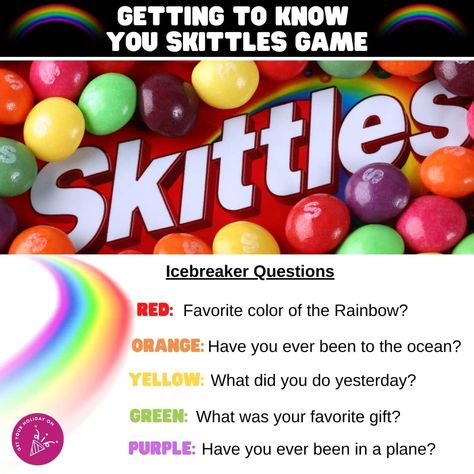 Getting to know you skittles game Skittles Lucky Dip Game, Skittles Rainbow Game, Skittles Game Juicy, Skittles Logo, Skittles Game, Teen Sleeping, Rainbow Games, Styling A Bookcase, Ice Breaker Questions