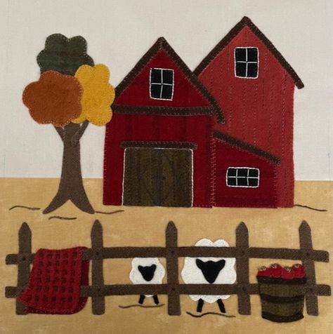 Farm Quilt Patterns Free, House Quilt Patterns Free, Farm Quilts Ideas, Applique Trees, Button Quilt, Farm Animal Quilt Blocks Applique Patterns, Farm Applique Designs, Scarecrow Pattern, Quilted Houses