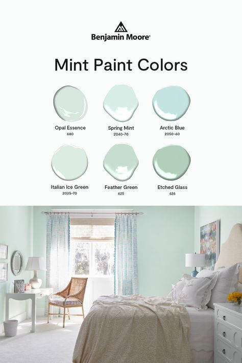 Check out these spring-ready hues that will feel "mint" to be. Cream And Mint Bedroom, Mint Green Color Palette Bedroom, Mint Green Paint Walls Bedrooms, Mint Blue Bedroom Ideas, Mint Color Room Ideas, Muted Mint Paint Color, Pale Mint Paint Color, Pastel Green Living Room Walls, Light Mint Green Paint