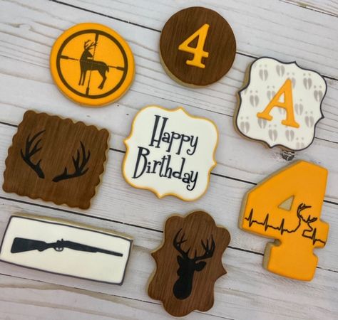 Hunting Birthday Cookies, Antler Cookies, Hunting Birthday Party Decorations, Deer Cookies, Themed 30th Birthday Party, Boy 4th Birthday, Deer Hunting Birthday, Hunting Birthday Party, Birthday Sugar Cookies