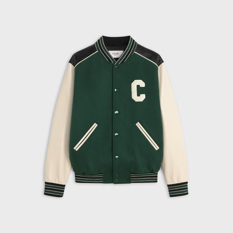 LOOSE TEDDY JACKET IN WOOL - Green - 2V56D896C.30GN | CELINE Green Varsity Jacket, Roots Canada, Octobers Very Own, Leather Varsity Jackets, Letterman Jacket, Teddy Jacket, Leather Sleeve, Leather Jacket Men, White Leather