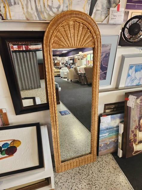 Vintage Boho Full Length Mirror, Rattan, Wicker , 19"w 61"h Social Media = Facebook Material = Wicker Item Number: 829-26 Item ID: 14212 Category: Mirror Vintage Full Length Mirror, Thrifted Apartment, Vintage Rattan Furniture, Rattan Bedroom, Wicker Mirror, Wicker Bedroom, Diy Boho Decor, Wicker Decor, Dining Room Office