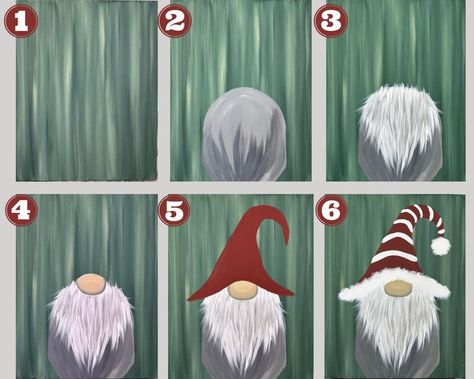 Painting Gnomes On Canvas, Easy Gnome Painting, Emily Seilhamer Art, How To Paint A Gnome, Gnome Painting Canvas Diy, Step By Step Christmas Painting Canvas, Winter Gnome Painting, Christmas Gnome Painting, Christmas Paintings On Canvas Easy Diy