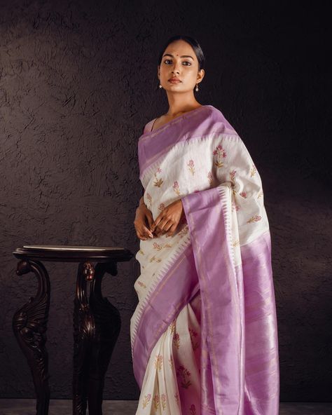 Dasya: The Purity! Hand Block Printed Kanchipuram Indulge in the rich heritage and meticulous artistry of this 4000-year-old craft! The vibrant colors of the saree capture the lost stories of Indian culture and tradition. With every drape, feel the pride of wearing a piece of timeless craftsmanship that celebrates the magnificence of handcrafted sarees. This White and Lavender Linen Kanjivaram silk saree is adorned with pastel-toned Hand Block Prints all over the body! Jewellery: @gehnai... Indian Culture And Tradition, Kanjeevaram Silk Saree, Lavender Linen, Kanjivaram Silk Saree, Indian Culture, The Pride, Body Jewellery, Silk Saree, Block Print