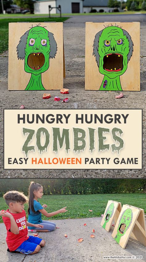 Hungry Zombies Halloween Party Game -- Free to download. This is a fun and easy kids Halloween party game and makes a great activity for the kids classroom party. This is a simple DIY game. Just download the free zombie prints, mount them to foam board, cut out the mouth, and set on an easel. Or attach it to a recycled cardboard box and play like the traditional bean bag toss game. Feed the zombies body parts from the dollar store or gummy candies. Great game for plants vs zombies party. Trunk Or Treat Zombie Theme, Zombie Apocalypse Halloween Party, Halloween Games Outside, Zombie Activities For Kids, Zombie Crafts For Kids, Zombie Eyeball Toss, Zombie Trunk Or Treat, Halloween Games Diy, Zombie Party Ideas