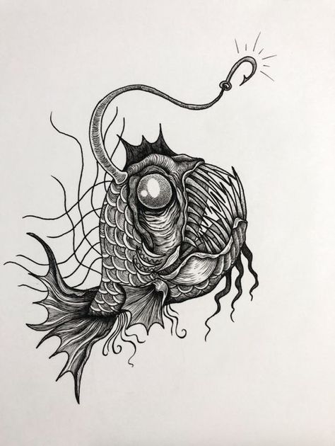 Angler Fish Tattoo, Abstract Tattoo Ideas, Sea Tattoo, Ocean Tattoos, Scary Creepy, Tattoo Portfolio, Angler Fish, Fish Drawings, Fishing Hook