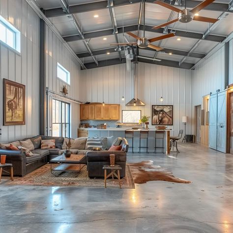 Industrial interior. Not bad. #barndominiumplans #barndoenvy #barndominiumenvy #barndominiumexperts #barndominiumfloorplans #canada #barndominium #barndoenvy #bandoandco Temporary Shop House Interior, Shop Living Quarters Interior, Modern Industrial Barndominium, Open Concept Barndominium Interior, Bardiminium House Interior, Living Quarters In Shop Metal Buildings, Pole Barn Wall Ideas, Open Barndominium Interior, Open Barndominium Floor Plans