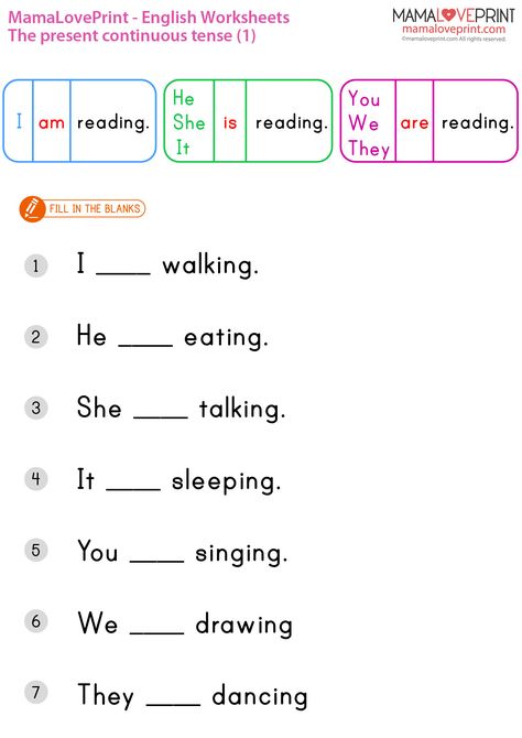 MamaLovePrint . Grade 1 English Worksheets . Basic Grammar (Present Continuous) PDF Free Download Grade 1 English Worksheets, Basic English For Kids, Present Continuous Worksheet, First Grade Reading Comprehension, Worksheets For Class 1, Present Continuous Tense, English Grammar For Kids, English Worksheets For Kindergarten, Present Continuous