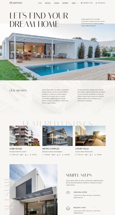 Estatic – Real Estate Elementor Template Kit is a collection of layouts for the Elementor page builder WordPress plugin. This template kit is designed for real estate website and all related business and services, such as property listing, construction service, home builder, house renovation, home improvement, architecture etc. Build with Elementor Free Version and it works with most themes and is optimized for use with the free Hello Elementor theme. Webpage Design Layout, Real Estate Website Templates, Real Estate Landing Pages, Real Estate Website Design, Luxury Website, Ecommerce Template, Wordpress Plugin, Web Layout Design, Web Designs