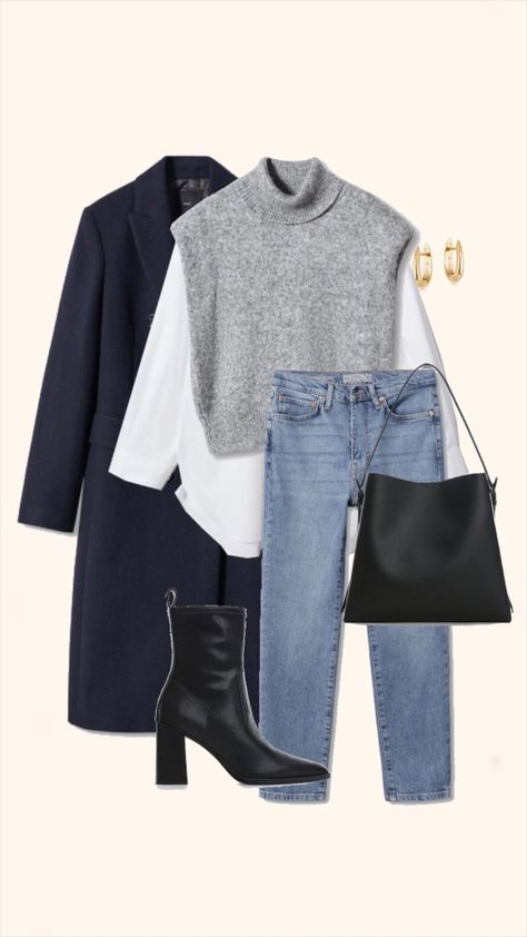 Black Sweater White Shirt Outfit, Grey Pullover Outfit Winter, Navy Ankle Boots Outfit, Knit Vest Winter Outfit, Women Sweater Vest Outfits, Pre Fall Work Outfits, Grey Sweater Jacket Outfit, Knit Vest Styling, How To Style Pullover Sweater