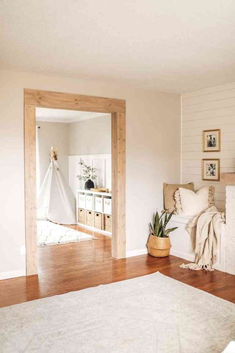 DIY Wood Beam Doorway - Full Hearted Home Wood Beam Doorway, Beam Doorway, Archways In Homes, Wood Door Frame, Basement Decoration, Faux Wood Beams, Faux Beams, Wood Beam, Up House