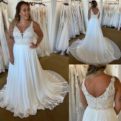 (eBay) Lace Chiffon Wedding Dresses V-Neck Open Back Sleeveless Beach Bridal Gowns Purple White Wedding, Chiffon Wedding Dresses, Curvy Wedding, Plus Wedding Dresses, Big Wedding Dresses, Wedding Dresses A Line, Plus Size Wedding Dresses, Beach Bridal Gown, Plus Size Wedding Gowns