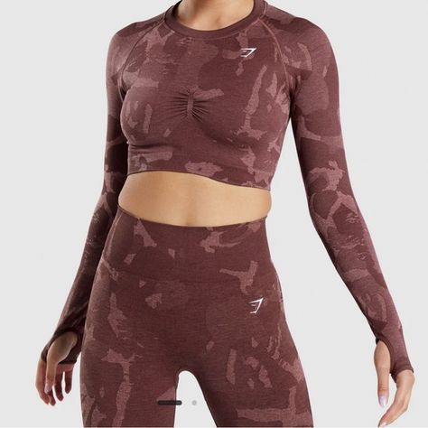 Gymshark burgundy crop top Gymshark Crop Top, Burgundy Crop Top, Cherry Brown, Long Sleeve Crop, Long Sleeve Crop Top, Camo, Cherry, Crop Top, Crop Tops