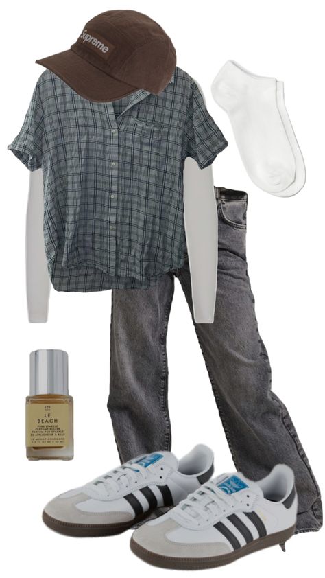 an outfit related to a dad fit or fisherman fit Gray Baggy Pants, Outfit With Flannel, Sambas Outfits, Flannel Fits, Outfit Brown, Samba Outfit, Brown Fits, Flannel Pants, Brown Hats