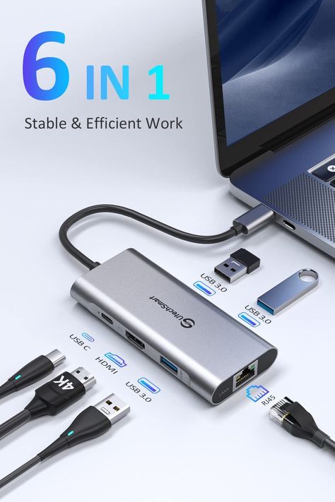 Upgrade your MacBook Pro with the UtechSmart 6 in 1 USB-C Hub - advanced dual-core chip with lower power consumption and high data transfer efficiency. Connects Ethernet, USB-C charging, 4K HDMI, and 3 USB 3.0 ports with 100W power delivery and RJ45 1000M Ethernet port. #macbookpro #usbchub #utechsmart #digitalnomad #laptopaccessories #onlinework Computer Accessories Gadgets, Latest Macbook Pro, Iphone Accessories Gadgets, Apple Gadgets, Ipad Essentials, Computer Gadgets, Computer Desk Setup, Product Animation, Object Photography