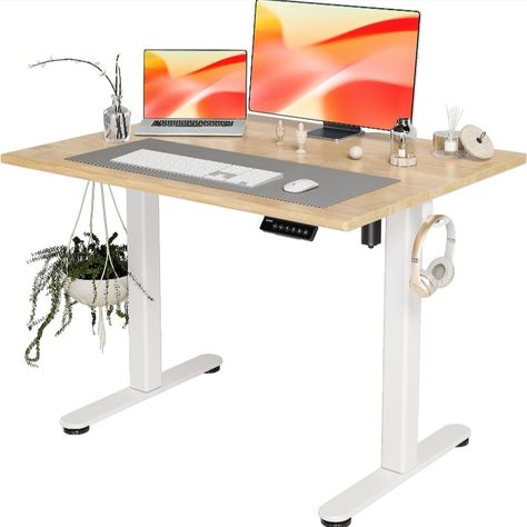 INNOVAR Solid Wood Standing Desk, Adjustable Height Electric Stand up Desk with Whole Piece Desktop, 40x24 Inches Sit Stand Home Office Desk White Frame/Natural Top Rising Desk, Office Desk White, Desk With Keyboard Tray, White Desk Office, Ergonomic Desk, Electric Standing Desk, Sit To Stand, Stand Up Desk, Adjustable Standing Desk