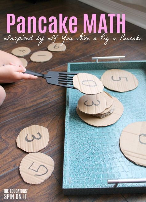 Pancake Math Activity for Preschoolers. Hands on math game for your child to play after reading the book If You Give a Pig a Pancake by Laura Numeroff. #preschool #vbcforkids #pancakeday #pancakes #kidsactivities #eduspin #math Preschool Math Games, Laura Numeroff, Activity For Preschoolers, Montessori Elementary, Basic Addition, Math Activities For Kids, Fun Math Activities, Kindergarten Math Activities, Education Activities