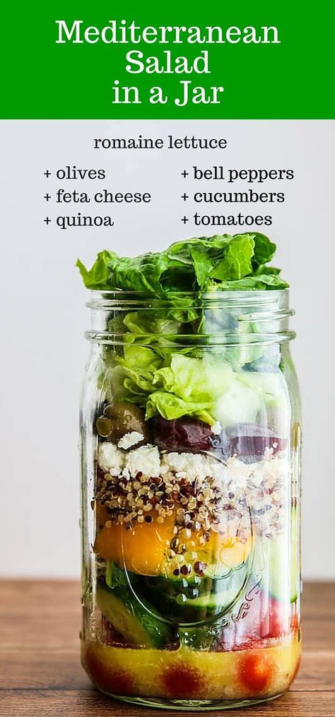 Mediterranean Salad In A Jar - pack this for lunch or dinner for a healthy and delicious on-the-go meal! Salad Recipes Meal Prep, Jar Salad Recipes, Mason Jar Lunch, Salad Jar Recipe, Mediterranean Quinoa, Meal Prep Healthy, Quinoa Salad Recipe, Jar Salad, Mason Jar Salad Recipes