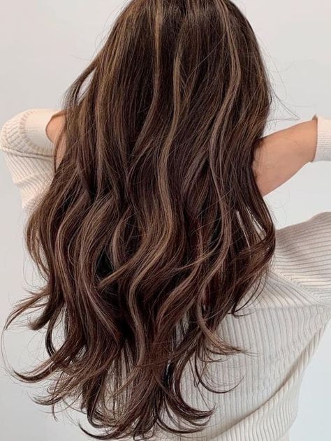 Muted Brown Balayage for Wavy Hair Highlights Wavy Brown Hair, Top Layer Highlights, Natural Hair Color Asian, Mousy Brown Hair Natural, Hair Dye Ideas For Wavy Hair, Wavy Hair Dye Ideas, Korean Highlights Hair Color, Brown Wavy Hair With Highlights, Muted Brown Hair