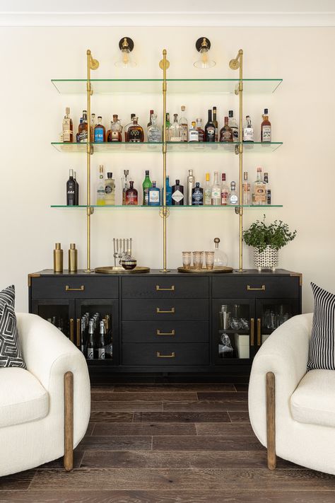 Home Bar Furniture Ideas, Home Bar Display, Modern Bar Design Home, Modern Home Bar Wall Shelves, Bar Office Combo, Dining Room To Bar Lounge, Brass Home Bar, Bar Area In Dining Room, Dining Room Turned Bar Lounge