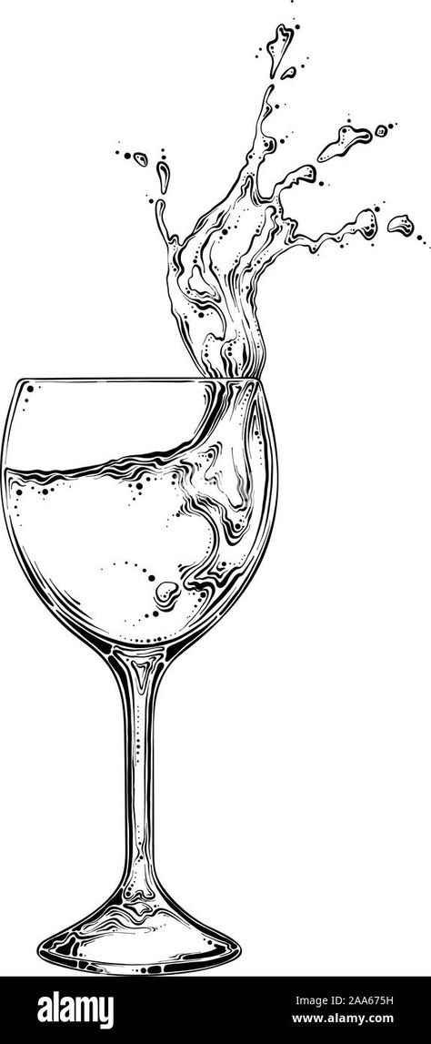 Download this stock vector: Hand drawn sketch wineglass with spray of liquid in black color. Isolated on white background. Drawing for posters, decoration and print. Vector - 2AA675H from Alamy's library of millions of high resolution stock photos, illustrations and vectors. Drink Sketch Drawings, Wine Bottle Pouring Into Glass Drawing, Liquid Drawing, White Background Drawing, Wine Vector, Wine Glass Illustration, Wine Glass Drawing, Globe Drawing, Bottle Drawing