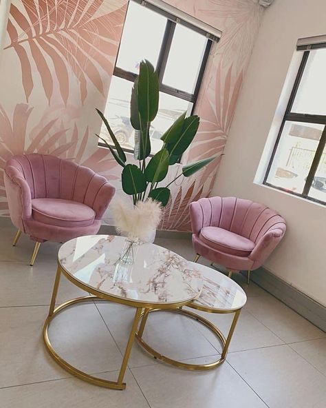 Pink And Gold Spa Room, Pink Green And Gold Office, Pink Nail Salon Interior, Pink And Green Salon Decor, Pink And Green Beauty Salon, Nail Salon Waiting Area, Pink And Gold Esthetician Room, Green And Pink Salon, Pink And Green Office Ideas