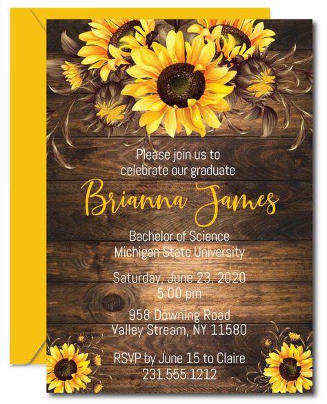 Sunflower Graduation Invitation Wedding Invitation Cards Sunflower, Friends Graduation Party, The One Where They Graduate, Graduation Invitation Ideas, Country Style Wedding Invitations, Graduation Invitation Design, Friends Graduation, Sunflower Themed Wedding, Friend Graduation