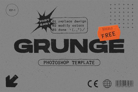 The post Grunge Effect Free Photoshop Template Download appeared first on PsFiles. Here’s a free Photoshop template to quickly generate a grunge effect on text, shapes or logos! The template works via Smart Object replacement (open the Smart Object layer, add your design and save). There are also options to modify the color of the text/design, background and grunge texture. File Info: Format: Layered PSD, ASL Resolution: 4500x3000px […] The post Grunge Effect Free Photoshop Template Font Canva Lettering, Post Grunge, Photoshop Templates Free, Brush Effect, Grunge Effect, Effect Template, Photoshop Text Effects, Photoshop Brushes Free, Photoshop Text